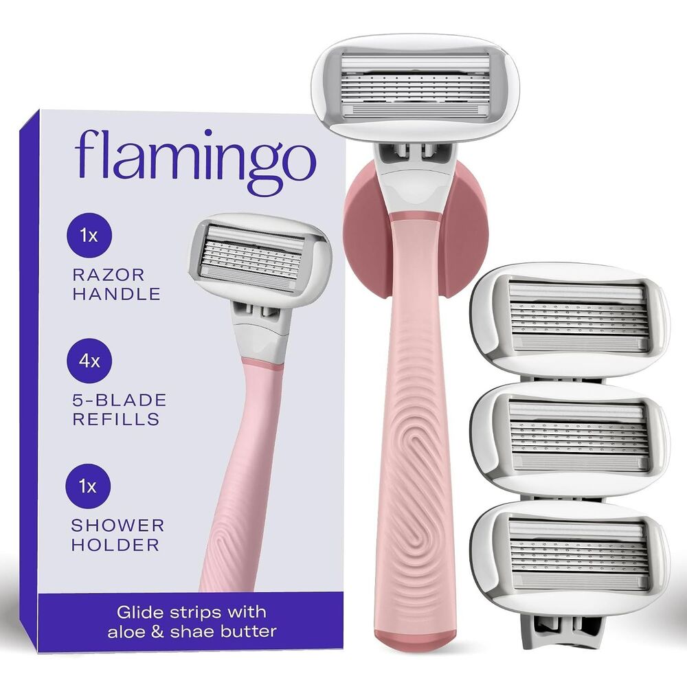 Flamingo Women's Shaving Razor Set Original Razor Handle 4 Refills Rose 1 Count